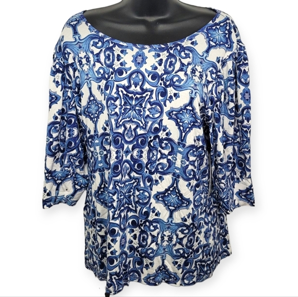 Sunny Leigh Women's Blue Patterned Top Puff Sleeves - Picture 1 of 8